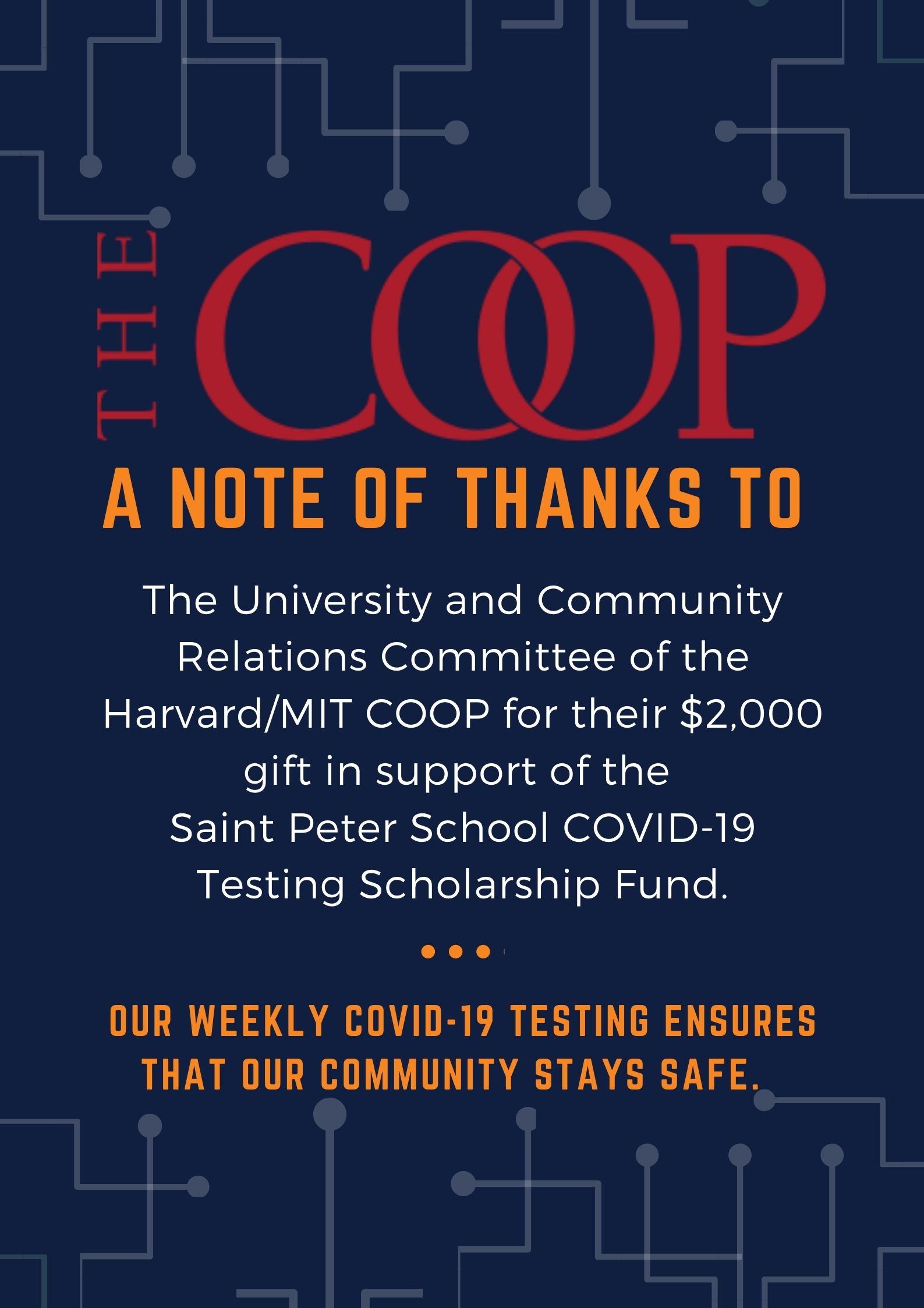 Thank you to the Harvard COOP for funding COVID testing